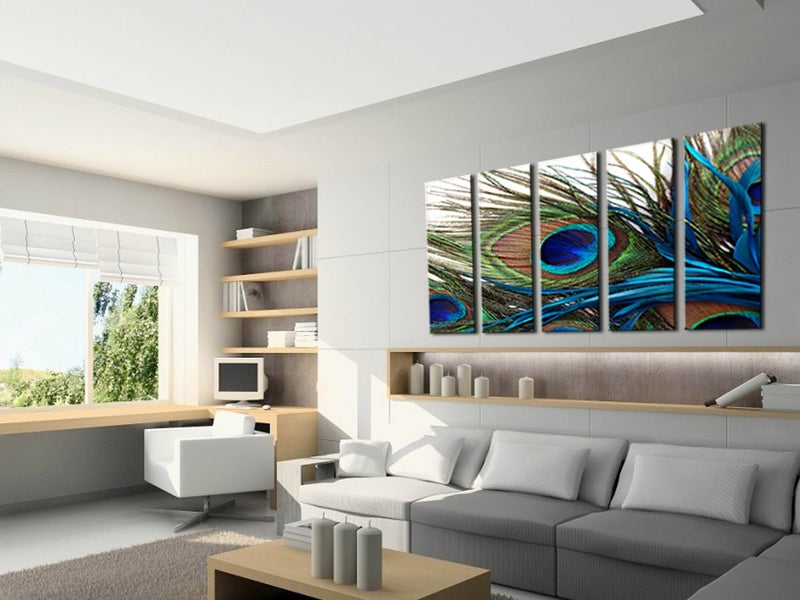 CANVASZON Wall Art for Living Room Bedroom Decoration Peacock Painting Canvas Print Framed Art Animal Feather Plume Modern Art for Office Wall DÃ©cor Teal Blue Green 5 Panels Large Size - Image 3